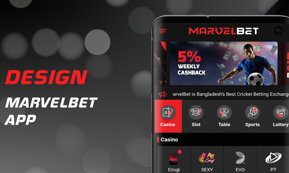 Interface design, usability and features of MarvelBet mobile app